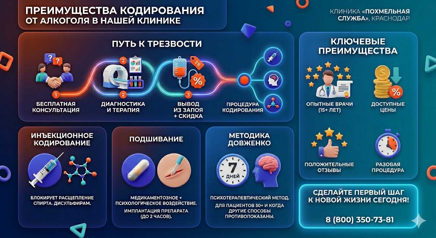 Инфографика о методах кодирования от алкоголя в Солнечном: инъекции, подшивание, метод Довженко. Преимущества клиники и этапы лечения.