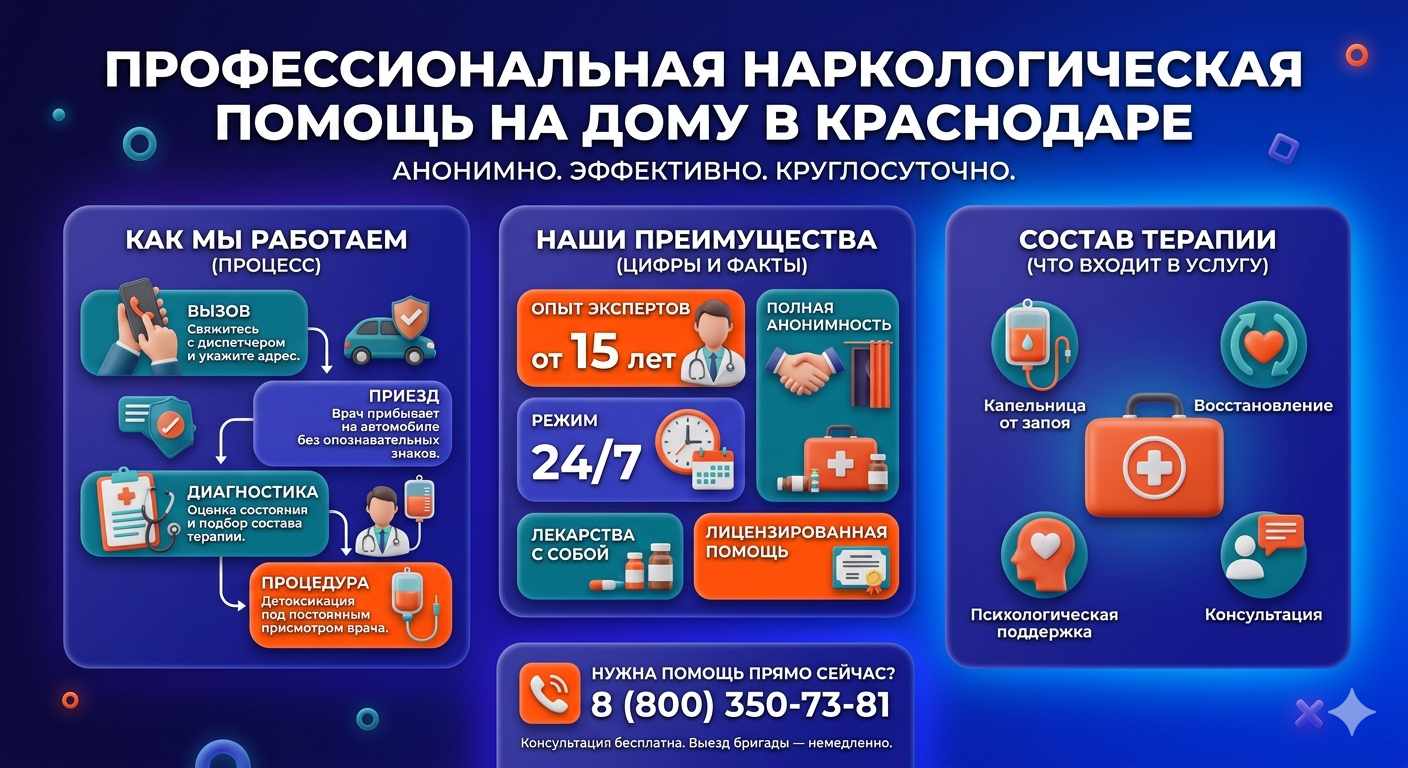 Инфографика о принципах лечения алкоголизма на дому в Солнечном: этапы вызова нарколога, преимущества анонимной детоксикации и состав медицинской помощи.